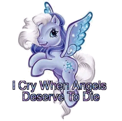 glittery image of my little pony Silver Glow. she is a light purple pegasus with blue and white hair. purple glittery text reads I cry when angels deserve to die. end id
